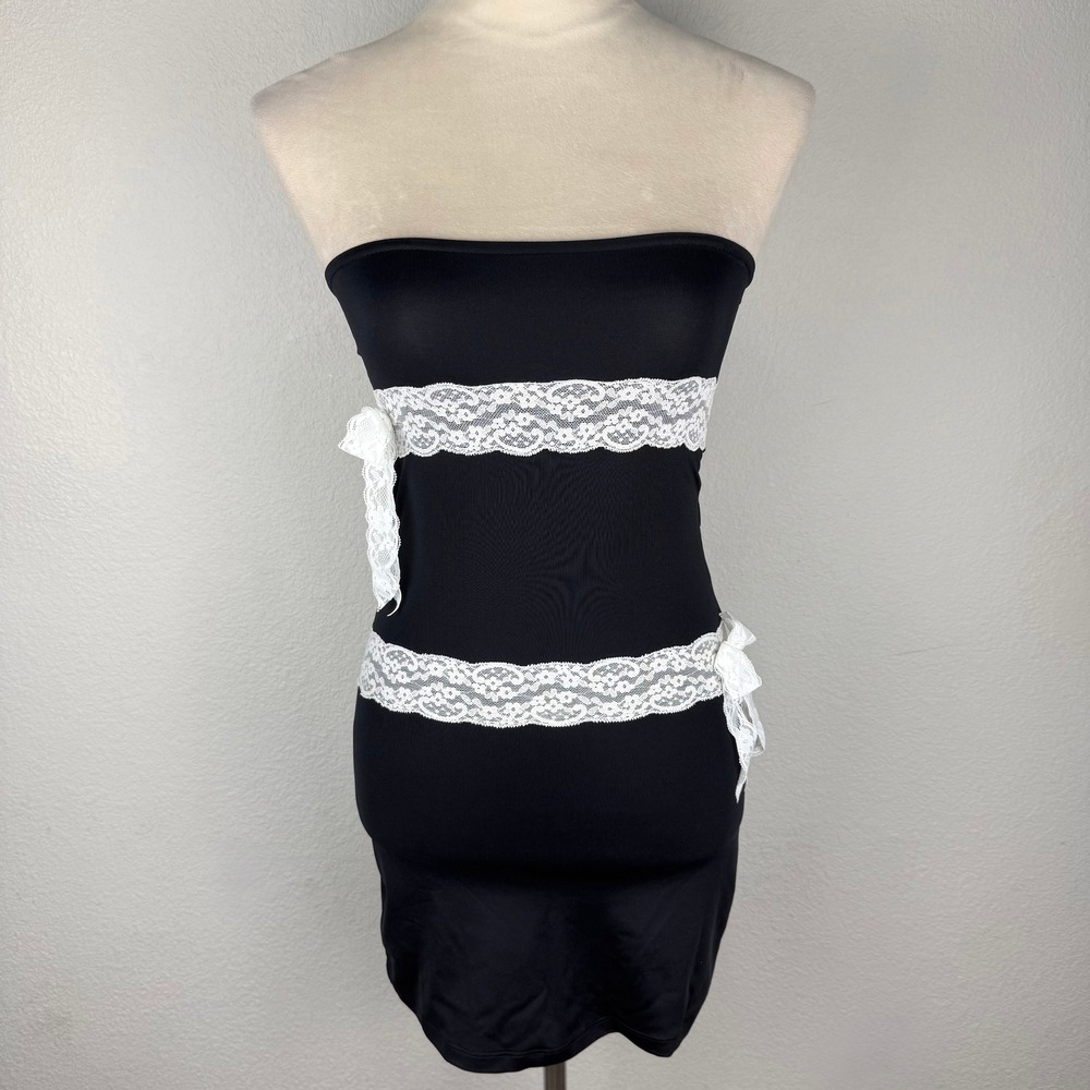 NWT Bella Vie Charlotte Black Tube Mini Dress White Lace Bows Strapless Bodycon